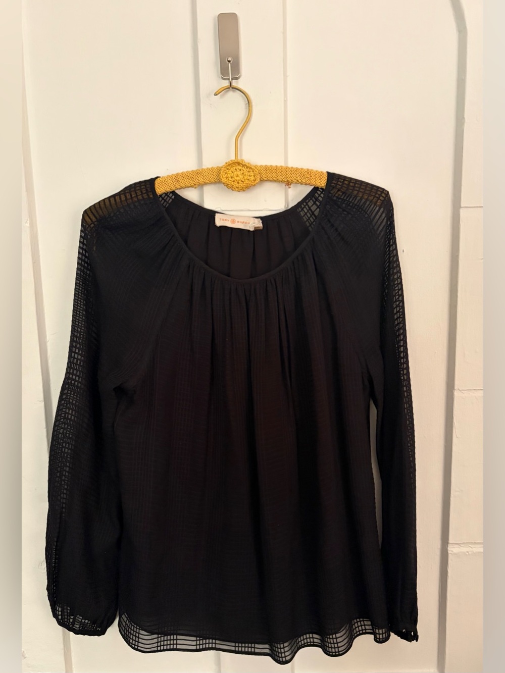 Tory Burch Black Mesh-Sleeve Long-Sleeve Blouse